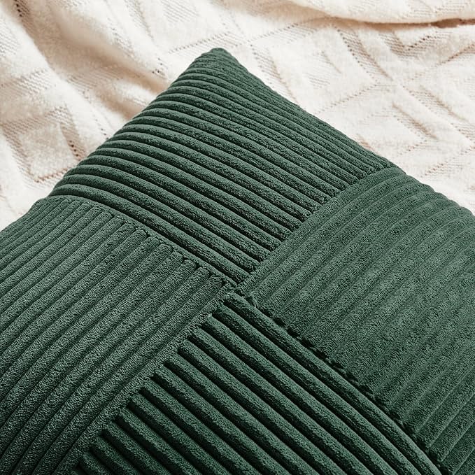 Fancy Homi Set of 2 Dark Green Lumbar Decorative Throw Pillow Covers 20x28 Inch for Living Room Couch Bed, Boho Farmhouse Forest Green Home Decor, Soft Corduroy Corss Patchwork Cushion Case