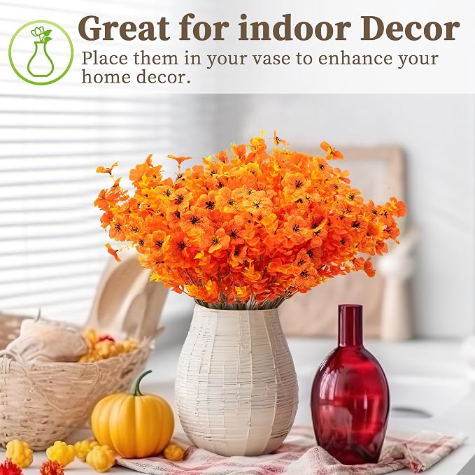 ColoPlay 18 Bundles Artificial Mums for Outdoors, Fake Flowers Fall Decor | Faux Mums for Outdoor Planters, Eucalyptus Leaves UV Resistant Fake Plants for Home Porch Box Wedding Farmhouse(Orange)