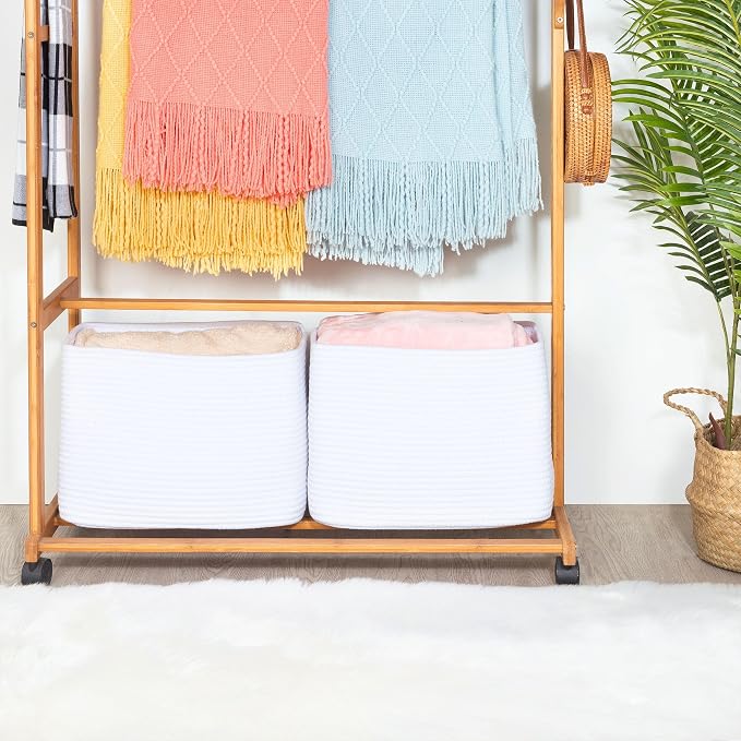 3-Pack Decorative Woven Storage Baskets for Shelves, Cube Bin Box for Organizing Books, Shoes, Dog Toys, Pantry Closet and Living Room Organizer, Full White