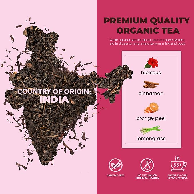 Gardenika Organic Cinnamon Hibiscus Loose Leaf Tea | Natural & Antioxidant Rich | Caffeine-Free | 55+ Cups | USDA Organic & Kosher | 4 oz