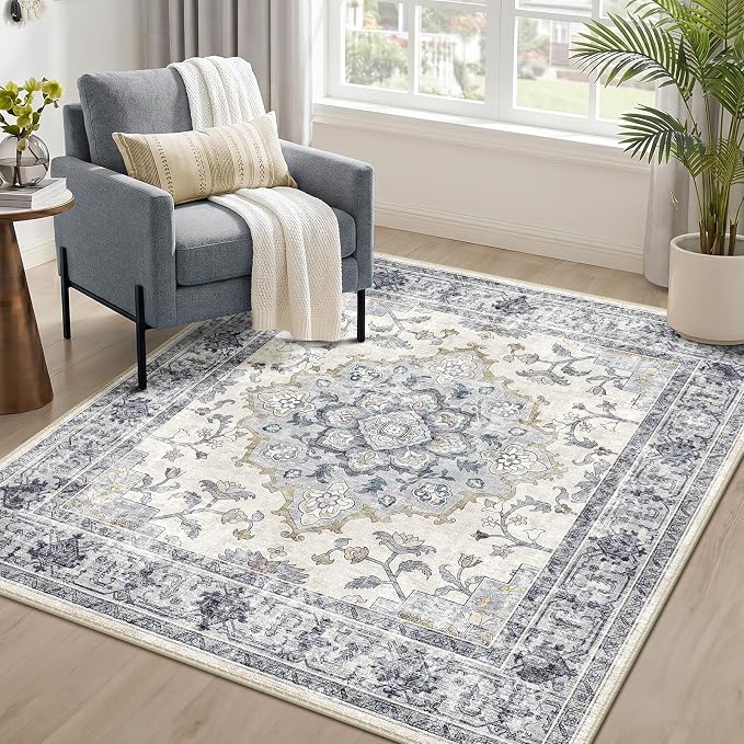 CAPALOCA Square 5ft Washable Nursery Girls Low Pile Area Rug Blue White | Non-Slip Soft Rugs for Bedroom Kids Playroom Living Room, Print Pattern Water Repellent Carpet Indoor Decor