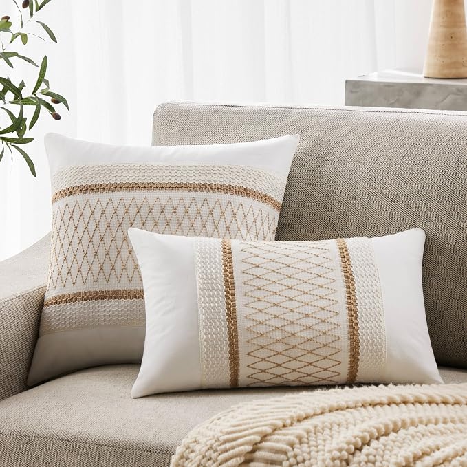 2pk Boho Pillow Covers 18x18, Natural White/Grid/Brown | 100% Organic Cotton Body, Stripe Embroidery, Farmhouse Decorative Cushion Covers for Sofa Bed Living Room Home Decor