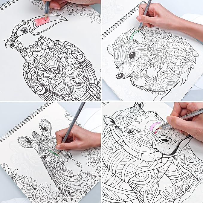 FUNLAVIE Adult Coloring Book – Mandala Animal Designs, Spiral Bound Premium Coloring Book for Adults, Stress Relief & Relaxation, High Detail Mandala Animal Patterns