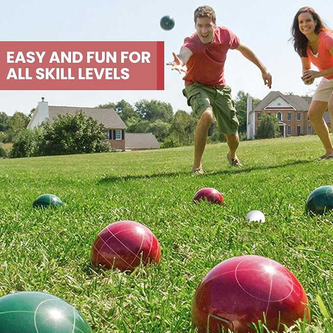 Bocce Ball Set 100mm Regulation Size and Weight for Lawn, Beach Bocci Game Sets for 2-8 Players (Red and Green)