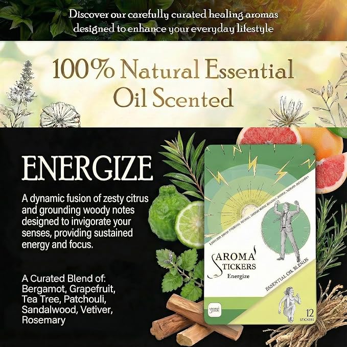 AROMA STICKERS® Original Blend ENERGIZE - 100% Natural Essential Oil Scented Diffuser Sticker - Aromatherapy for Personal Space - Towels, Blankets, Face Mask & Pillow (Pack of 3, 36 Stickers Total)