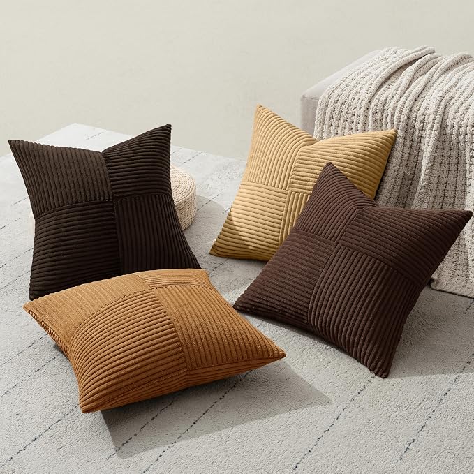 MIULEE Boho Decorative Throw Pillow Covers 18x18 Set of 4 Farmhouse Neutral Cushion Cases Gradient Corduroy Pillow Cases Modern Soft Corduroy Patchwork Home Decor for Couch Sofa Bedroom Camel Brown