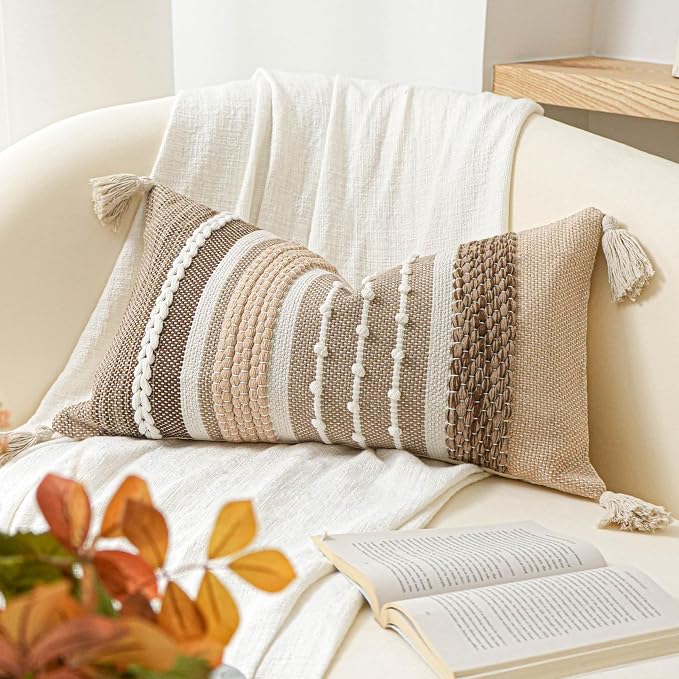 Decorative Lumbar Throw Pillow Cover 14x24 Boho Brown Accent Cushion for Couch Sofa Farmhouse Pillowcase for Bedroom Living Room Home Décor Cover ONLY