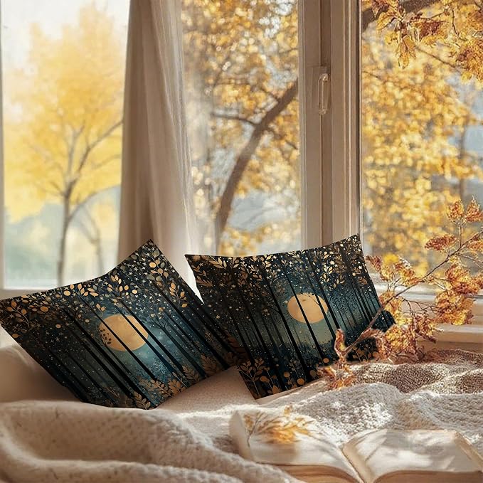 Vintage William Morris Inspired Gold Moon Pillow Covers 18x18 Set of 2,Rustic Black and Gold Moon Forest Botanical Nature Landscape Decorative Throw Pillow Covers for Home Bedroom Living Room
