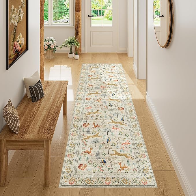 DUKINO 2x7 Runner Rug for Hallway, Washable Kitchen Rugs Non Slip, Beige | Low Pile, Stain Resistant, Animal Indoor Carpet Runner for Hallway, Entryway, Bedroom, Bathroom, Lightweight, Pet Friendly