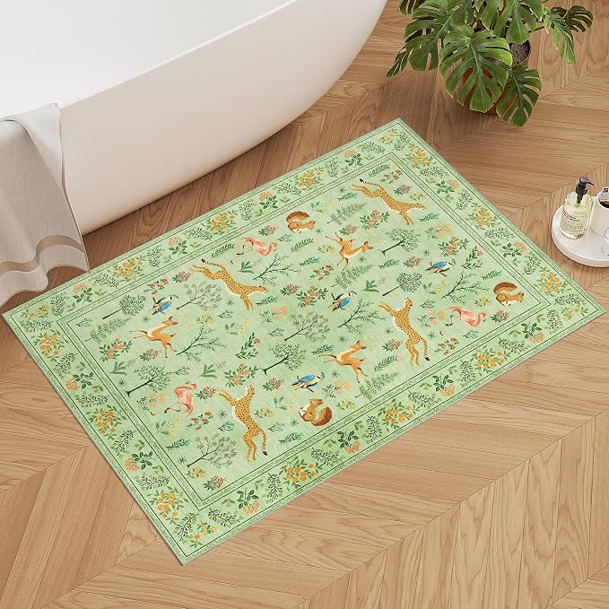 DUKINO 2x3 Entryway Rug, Washable Door Mat Animal Kitchen Rug, Light Green | Non Slip, Low Pile, Soft Indoor Small Rug for Entrance, Bedroom, Bathroom, Laundry, Pet Friendly, Lightweight, Non-Shedding