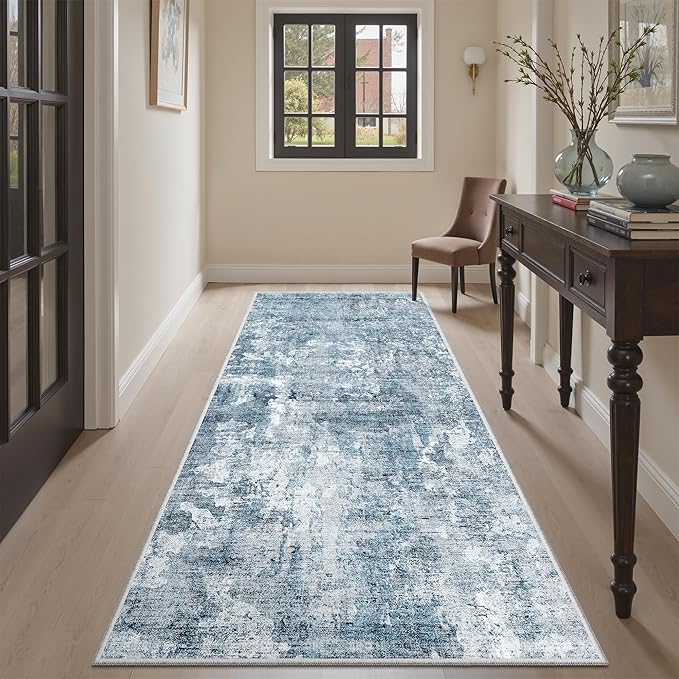 Soalmost Abstract Runner Rug 3x6 Hallway Kitchen Rugs Non-Slip, Blue/Grey | Vintage Washable Runners 6ft for Bathroom Laundry Room, Foldable Low-Pile Floor Carpet Mat for Entryway Corridor Bedroom