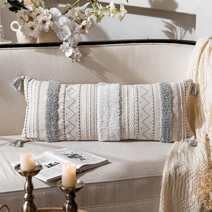 14x36 Lumbar Pillow Cover for Bed, Rectangular Long Decorative Throw Pillowcase, Boho Accent Cushion with Gray Tufted Pattern and Tassels, Cream Neutral (Cover Only)