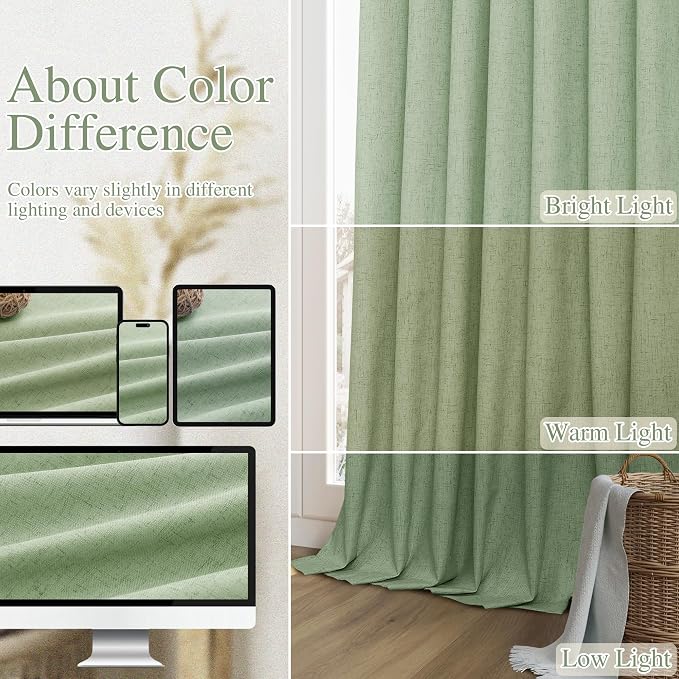 Guken Light Sage 100% Blackout Linen Curtains 96 Inch Length 2 Panels Set for Living Room Bedroom Back Tab/Rod Pocket Thermal Insulated Black Out Drapes Room Darkening Farmhouse Window Curtains