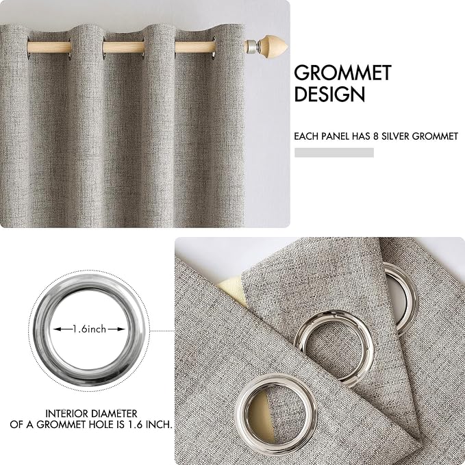 MIULEE Linen Curtains for Bedroom Solid 100% Blackout Thermal Insulated Greige Curtains Grommet Room Darkening Drapes for Living Room 52x108 Inch (2 Panels)