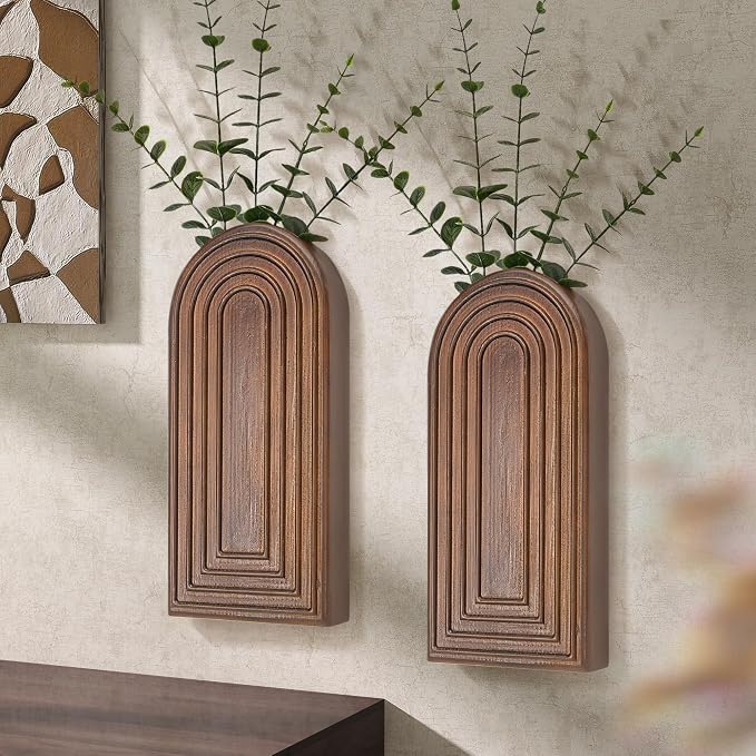 EOSAHR Rustic Wall Vase: Wall Planter for Hallway Decor for Entryway, Brown | 2Pcs, Pine Wood, Hanging Planter, Wall Art for Living Room, Farmhouse Wall Decor, Suit to Hold Pampas Grass