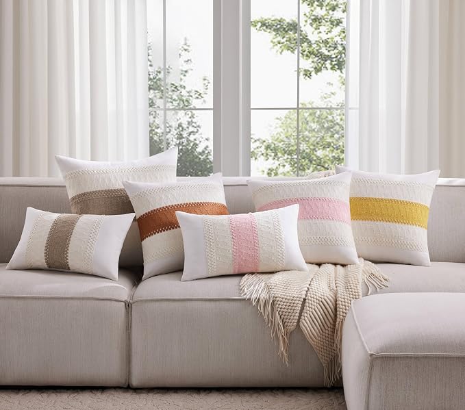 2pk Boho Pillow Covers 20x20, Natural White/Contrast/Light Pink | 100% Organic Cotton Body, Stripe Embroidery, Farmhouse Decorative Cushion Covers for Sofa Bed Living Room Home Decor