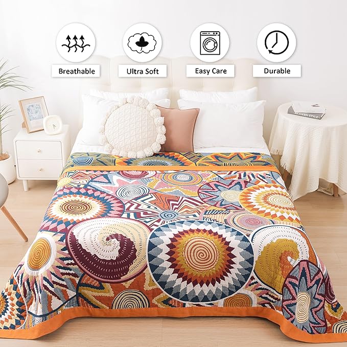 VANJOROY Boho Throw Blanket, 100% Organic Muslin Cotton Skin-Friendly Breathable Ultra Soft Bed Quilt Throw - All Season Decor Colorful Blanket for Sofa Couch Chair and Gift. 91" x 108"