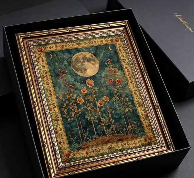 Vintage Gold Framed Celestial Moon Wall Art,Tarot Crescent Moon Painting Canvas Print,Gothic Moody Wildflowers Wall Decor,Dark Academia Vibe Poster Artwork,for Living Room Bedroom Bathroom