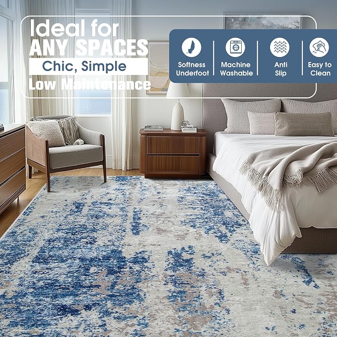 10x14 Area Rugs for Living Room Rug Washable: Abstract Large Rug Indoor Modern Carpet Non Slip for Dining Room Bedroom Nursery Home Office Blue Grey White