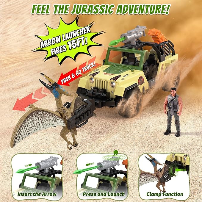 EKU Dinosaur Truck with 10 Sounds, Capture Net, Clamp, Launcher, Wing Flapping Quetzalcoatlus Figure, Human, Push and Go Adventure Vehicle for Jurassic World Toys Pretend Play Gifts for Kids 3+