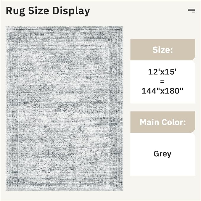 Soalmost 12x15 Washable Area Rugs Soft Living Room Rug Abstract Grey | Large Vintage Carpet Non-Slip for Dining Bedroom, Low Pile Thin Stain Resistant Foldable Indoor Floor Mat Home Office Decor