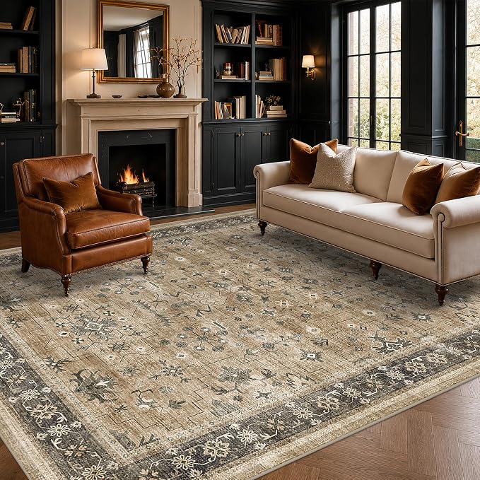 Natural Earthy 7x9 Area Rug for Living Room, Washable Bedroom Carpet, Oriental Large Area Rug for Dining Room Under Table, Non-Slip Stain Resistant