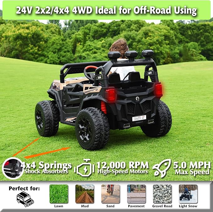 sopbost 24V Ride On Car with Remote Control, 4x4 Rdie On Toy for Kids, Battery Powered Electric Vehicles, 2WD/4WD Switchable, EVA Tires Wheels, Single-Seater, Music Play (Quicksand)
