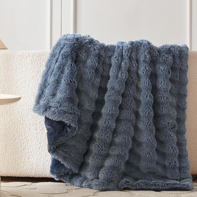 COOVA Faux Fur Throw Blanket for Couch, Cozy Soft and Fuzzy Plush Rabbit Fur Bubble Blanket for Sofa Bedroom Living Room, 50x60 Inches Cationic Dark Blue