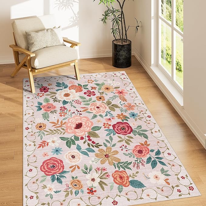 DUKINO 3x5 Area Rug, Floral Washable Rug for Bedroom Non Slip, Beige | Soft, Stain Resistant Low Pile Indoor Rug for Entryway, Bedroom, Bathroom, Living Room, Pet Friendly, Home Decor, Lightweight