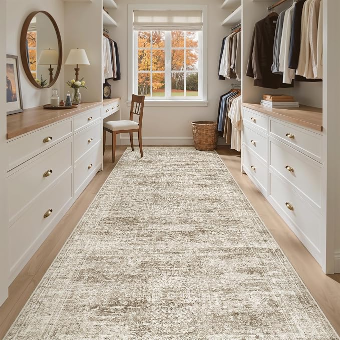 Soalmost Washable 4x10 Hallway Runner Rug Non-Slip Kitchen Entry Rugs Brown | Vintage Wide Runners for Living Dining Room Entryway, Stain Resistant Low-Pile Long Floor Carpet 10ft for Corridor Bedroom