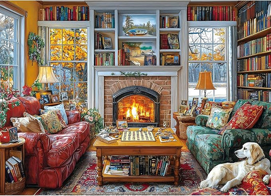 Cozy Reading Room 1000 Piece Jigsaw Puzzle for Adults Winter Library Scene with Fireplace, Books & Dog | Adult Puzzles for Relaxation, Fun Games for Game Night, Unique Mind Puzzles