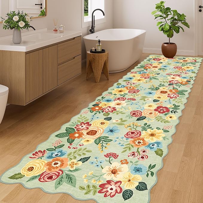 DUKINO 3x10 Runner Rug, Non Slip Floral Washable Rug for Hallway, Green | Low Pile, Soft, Stain Resistant Throw Carpet Runner for Kitchen, Entryway, Bedroom, Bathroom, Lightweight, Modern Home Decor