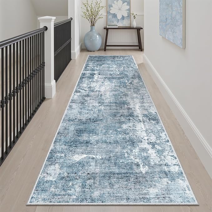 Soalmost Runner Rug 2'6"x8' Kitchen Hallway Runners Abstract Blue/Grey | Washable Non-Slip 2.5x8ft Carpet Entryway Bathroom, Low Pile Vintage Foldable Floor Mat for Corridor Laundry Room Bedroom