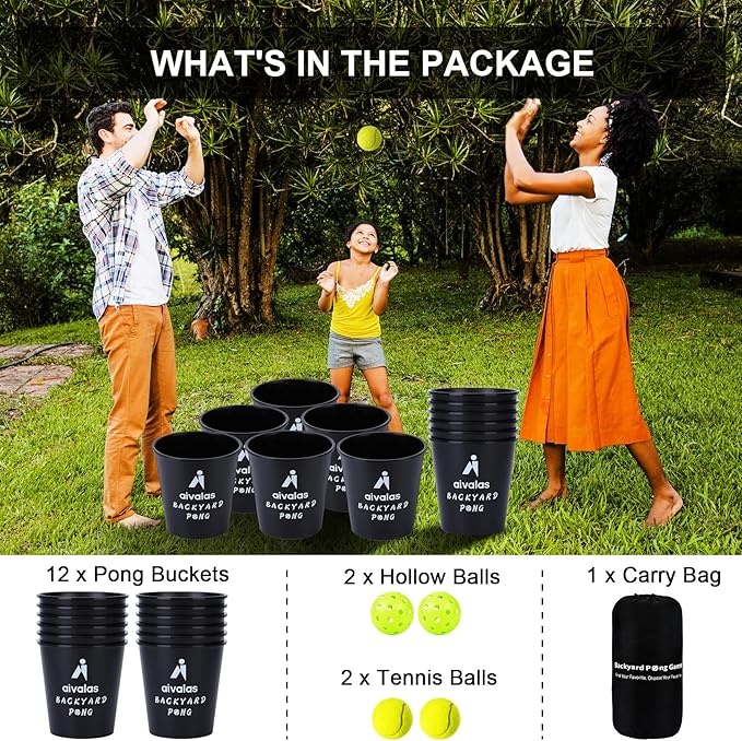 Aivalas Yard Pong Outdoor Games, Giant Yard Games Set with 12 Buckets and Balls for Adults and Family, Toss Game Throwing Games for Beach, Camping, Lawn and Backyard