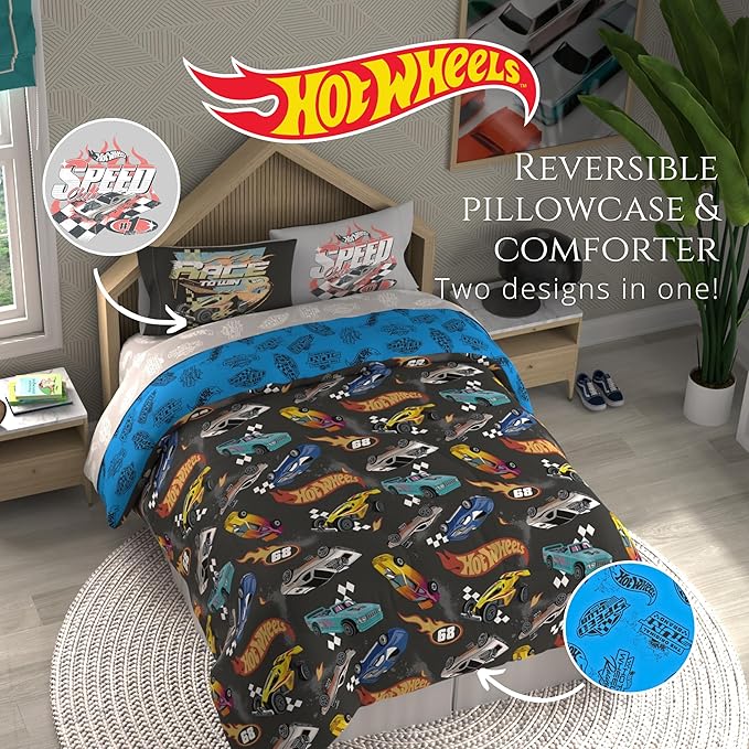 Hot Wheels Kids Bedding Super Soft Comforter and Sheet Set with Sham, 7 Piece Queen Size, (Officially Licensed Product) By Franco