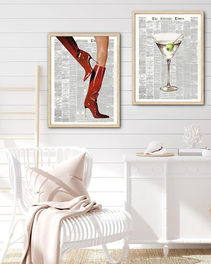 EcoHest 16x20 in Red Boots Newspaper Framed Wall Art | Solid Oak Wood Frame with Canvas Wall Art, Fashion Magazine Wall Decor for Bedroom, Apartment, Dorm Room, College Room, 1Pack