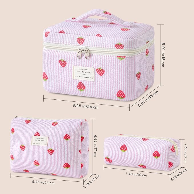 HBselect Quilted Makeup Bag, 3PCS Cotton Large Travel Makeup Bag, Cute Floral Coquette Make up Bag Cosmetic Bag Toiletry Bag for Women Girls