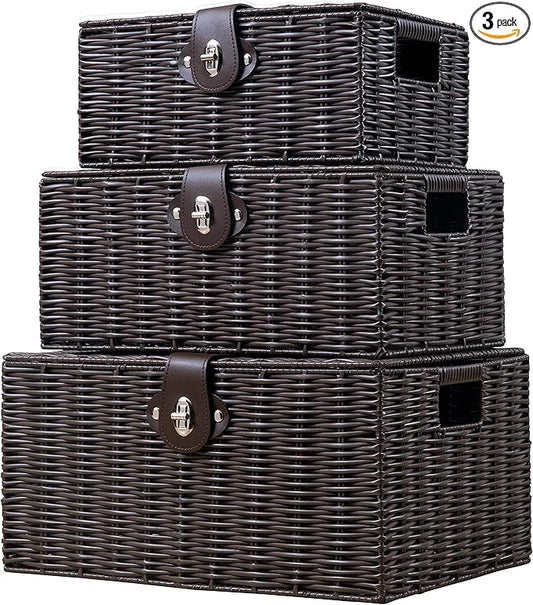 Set of 3 Woven Wicker Storage Basket Box with Lids & Lock, Built-in Carry Handles, Multifunctional Storage Organizer for Nursery, Baby, Clothes, Toys, Books, Large/Medium/Small Size (Brown)