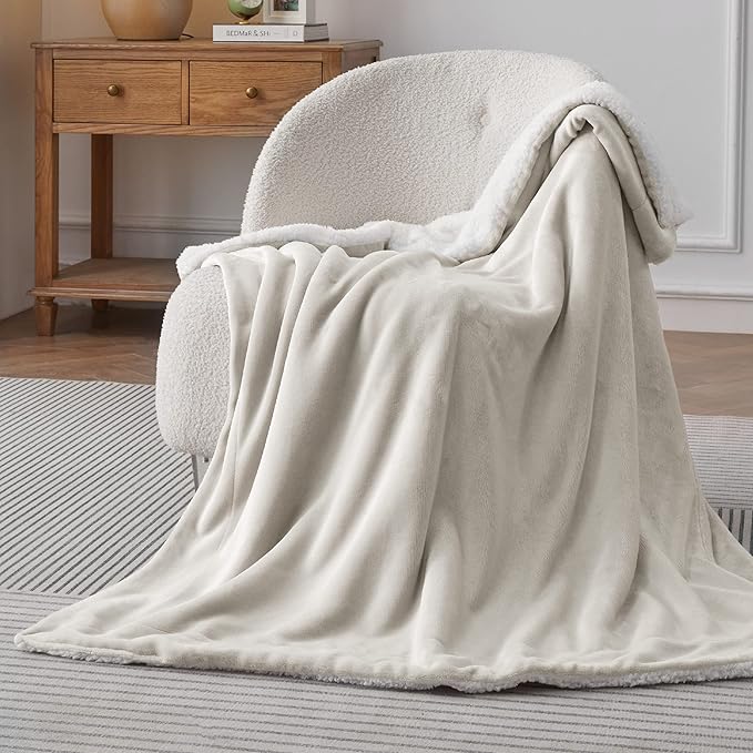 Bedsure GentleSoft Sherpa Fleece Throw Blanket for Couch, Non-Heated, Thick and Warm Throw for Women and Men, Soft Fuzzy Plush Blanket for Winter, Linen, 50x60 Inches