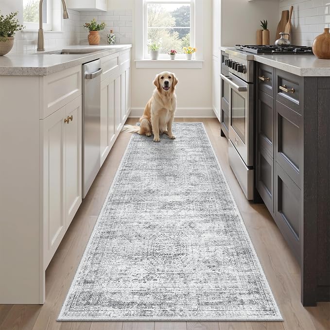 Soalmost Runner Rug 2x5 Washable Non-Slip Kitchen Entry Runners Grey | Soft Low-Pile Rugs for Bathroom Laundry Room, Vintage Foldable Floor Carpet Mat Hallway Entryway for Corridor Bedroom