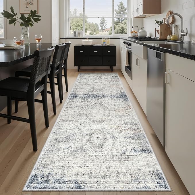 Soalmost Washable Runner Rug 2'6"x8' Kitchen Hallway Runners Blue/Ivory | Soft Non-Slip 2.5x8ft Carpet for Entryway Bathroom, Low Pile Vintage Foldable Floor Mat for Corridor Laundry Room Bedroom