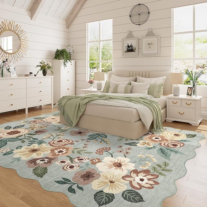 DUKINO 5x7 Area Rugs for Bedroom, Floral Washable Rug Non Slip, Sage Green | Low Pile, Soft, Stain Resistant Throw Rugs for Living Room, Dining Room, Office, Nursery, Pet Friendly, Modern Home Decor