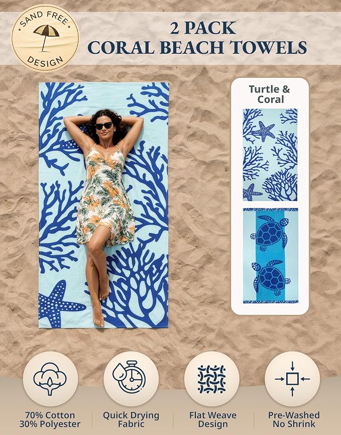 LANE LINEN Beach Towel 2 Pack, Oversized Beach Towel 39"x71", Lightweight Beach Essentials for Women, Large Pool Towel, Absorbent & Quick Dry, Sand Free Beach Towel - Turtle & Coral