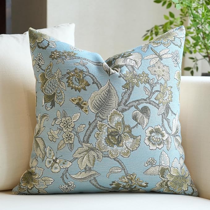Neutral Floral Pillow Cover 18x18, Vintage Square Pillow Cover Soft Decorative Farmhouse Accent Pillow Cases for Couch Bedroom Living Room Home Decor, Blue