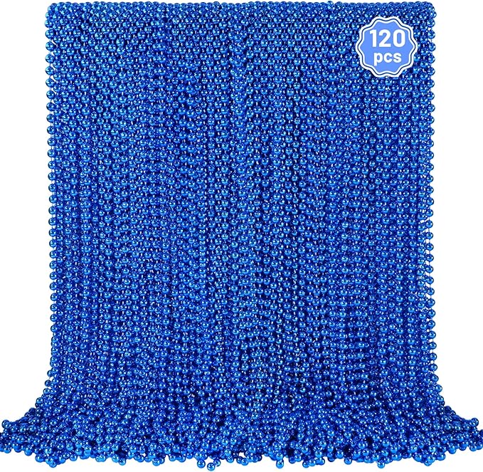 YAXINRUI 120 PCS Blue Bead Necklaces, Blue Mardi Gras Christmas Bead Necklaces, Patriotic Necklace, 33 Inch Round Beaded Necklace for Mardi Gras Christmas 4th of July Festive Events