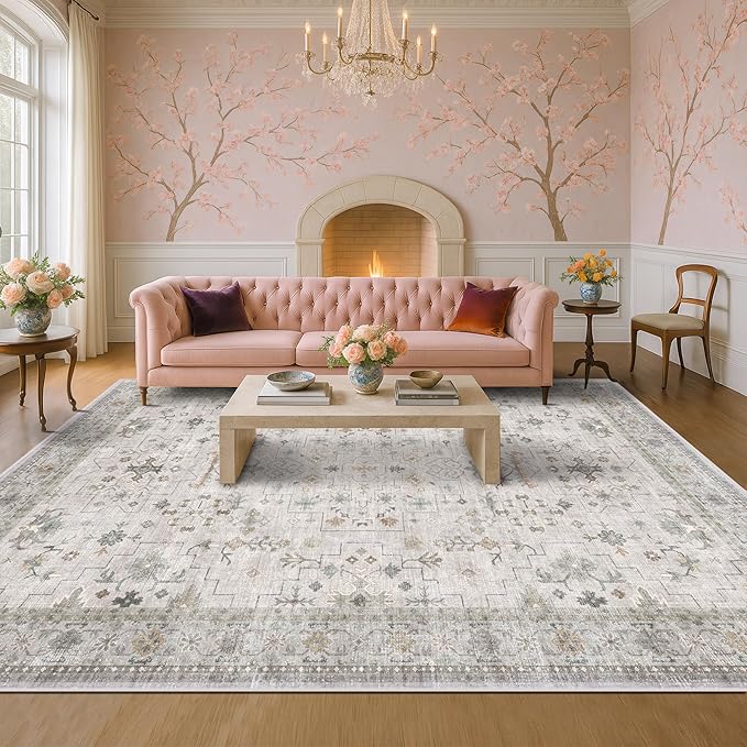 Large 10x12 Living Room Rug - Vintage Light Gray & Sage Floral Area Rug for Dining Room, Washable Low Pile Bedroom Carpet, Modern Eclectic Geometric Decor & Stain Resistance