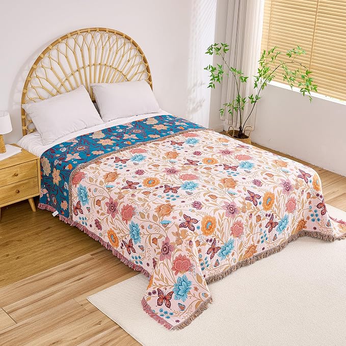 VANJOROY Boho Throw Blanket, 100% Organic Cotton Breathable Ultra Soft 91" x 98" Bed Quilt Throw - All Season Floral Rustic Farmhouse Decor Luxury Reversible Blanket for Sofa Couch Chair and Gift
