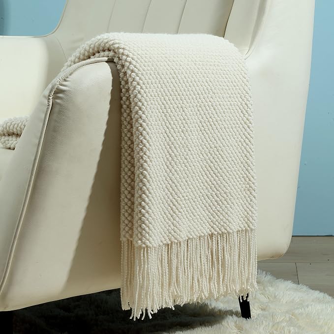 CREVENT Lightweight Knit Throw Blanket for Couch Sofa Chair - Soft and Decorative for Spring Summer Fall (50''X60'' Ivory/Off White)