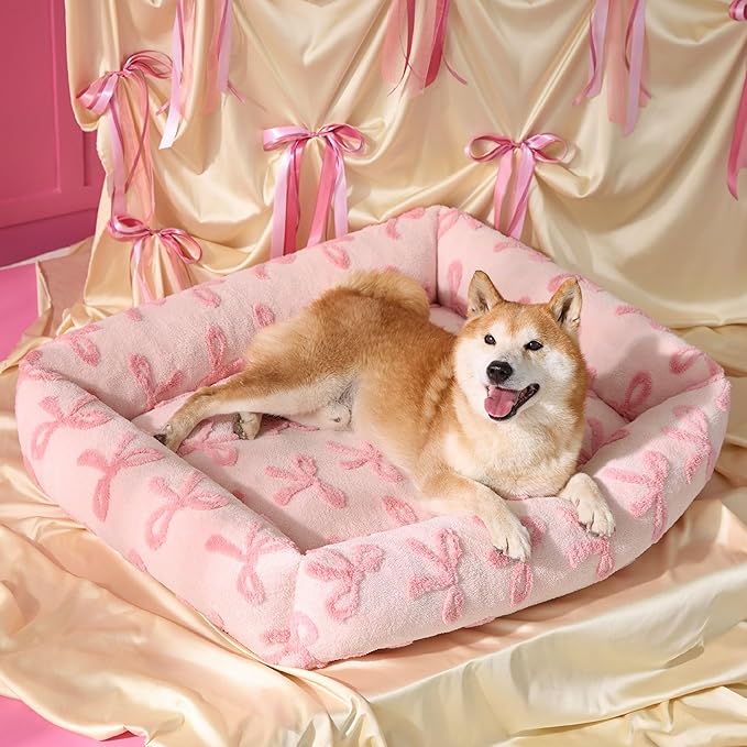 LE SURE Cute Dog Bed for Large Dogs - Washable Pet Beds,Cozy Rectangle Orthopedic Sofa with Jacquard Shaggy Plush & Anti Slip Bottom,36x27x8inches