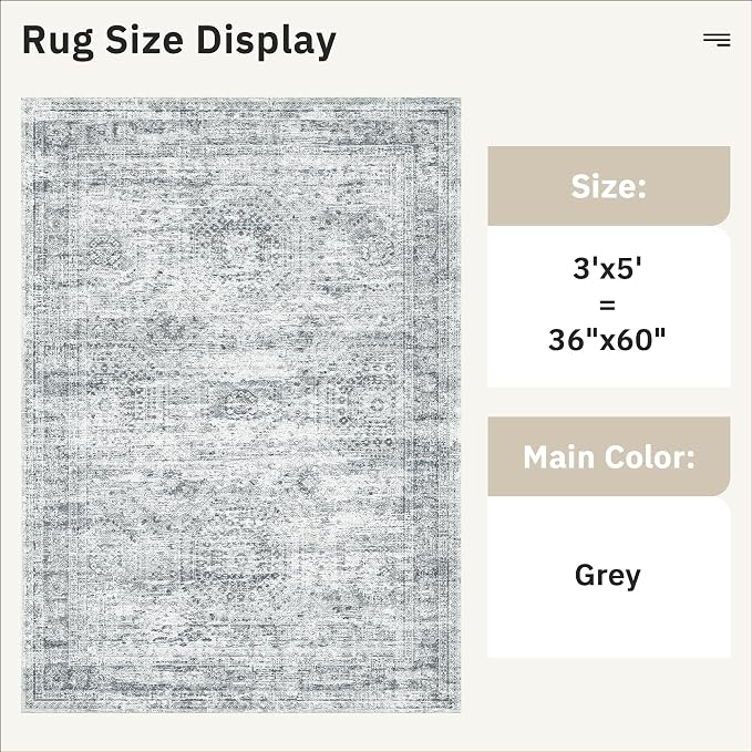 Soalmost 3x5 Rugs Non-Slip, Small Washable Kitchen Entryway Area Rug Grey | Vintage Low Pile Carpet for Nursery Coffee Table Bathroom, Foldable Stain Resistant Indoor Door Mat Entrance Powder Room
